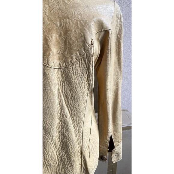Vtg Santa Fe Leather floral embossed Shirt jacket womens S tan western boho USA - Picture 13 of 16